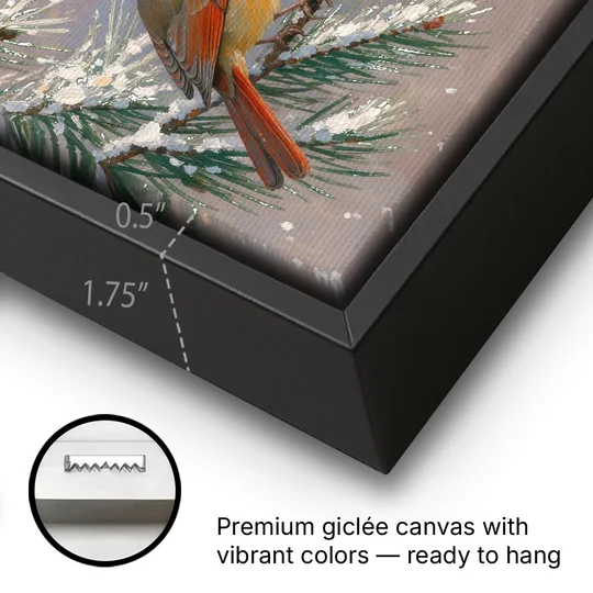 Christmas Cardinal Pair with Pine Cone at Dusk - Black Framed Canvas Wall Art - Gallery Wrap Corner
