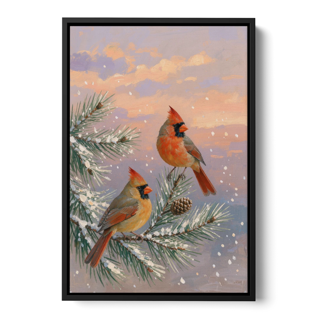 Christmas Cardinal Pair with Pine Cone at Dusk - Black Framed Canvas Wall Art - Front