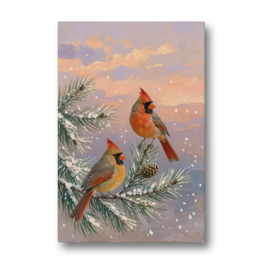 Christmas Cardinal Pair with Pine Cone at Dusk - Canvas Wall Art - Front