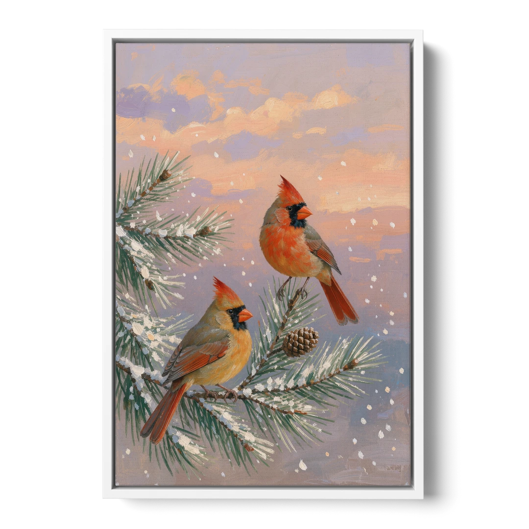 Christmas Cardinal Pair with Pine Cone at Dusk - White Framed Canvas Wall Art - Front