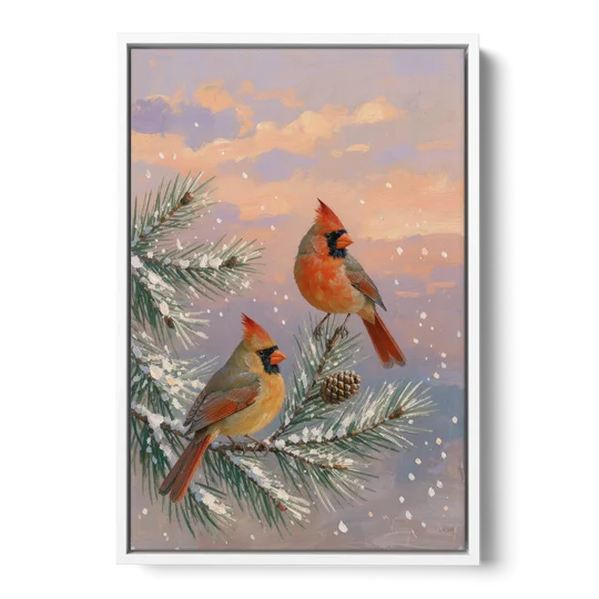 Christmas Cardinal Pair with Pine Cone at Dusk - White Framed Canvas Wall Art - Front