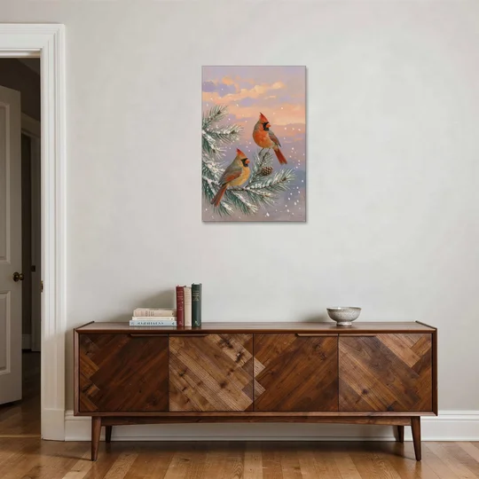 Christmas Cardinal Pair with Pine Cone at Dusk - Canvas Wall Art - Coffee Table - 24x36