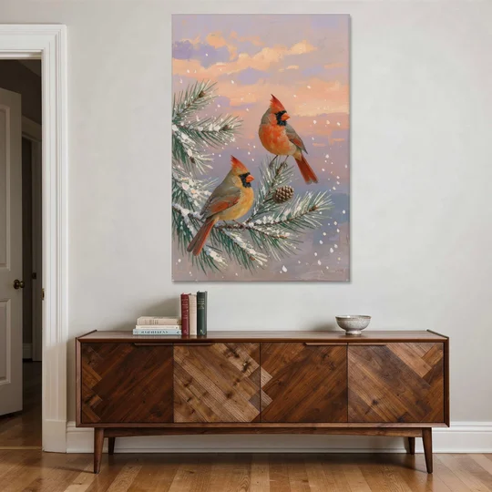 Christmas Cardinal Pair with Pine Cone at Dusk - Canvas Wall Art - Coffee Table - 40x60