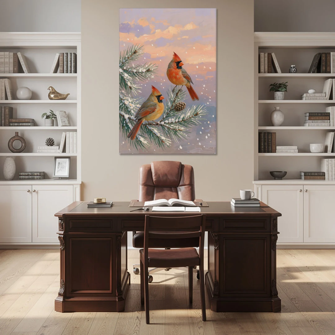 Christmas Cardinal Pair with Pine Cone at Dusk - Canvas Wall Art - Office - 40x60