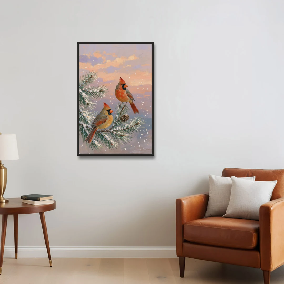 Christmas Cardinal Pair with Pine Cone at Dusk - Black Framed Canvas Wall Art - Sofa - 24x36