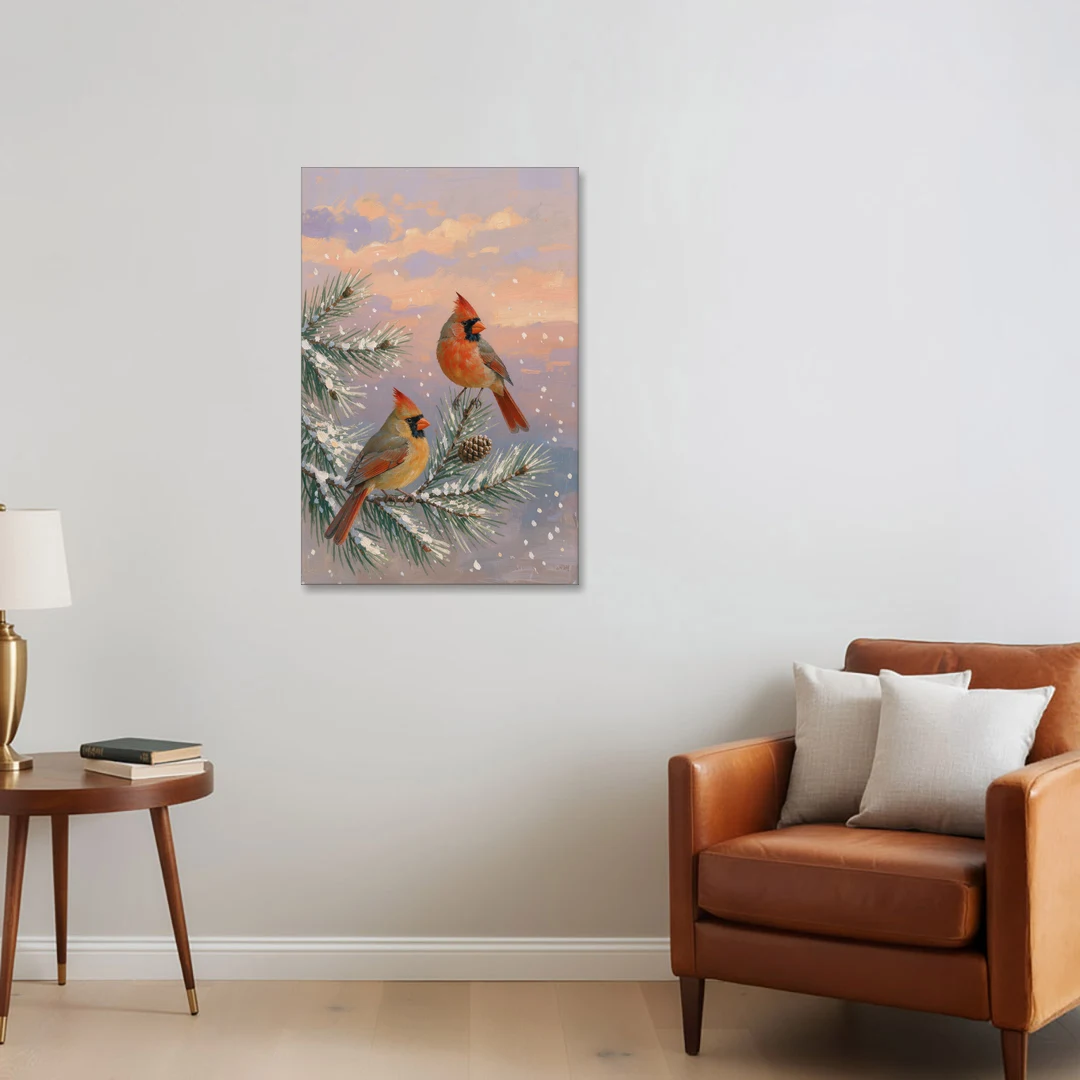 Christmas Cardinal Pair with Pine Cone at Dusk - Canvas Wall Art - Sofa - 24x36