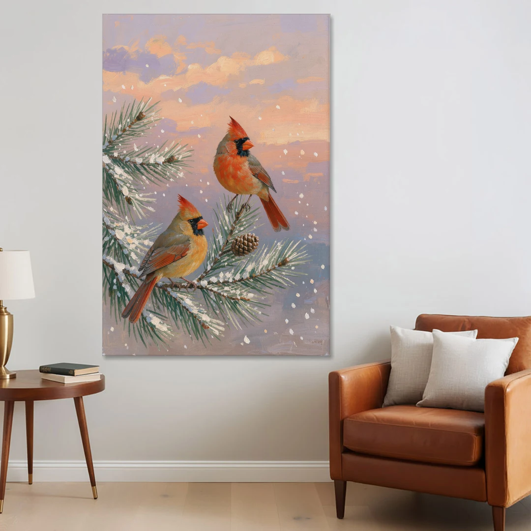 Christmas Cardinal Pair with Pine Cone at Dusk - Canvas Wall Art - Sofa - 40x60