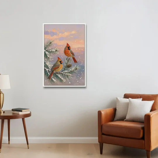 Christmas Cardinal Pair with Pine Cone at Dusk - White Framed Canvas Wall Art - Sofa - 24x36