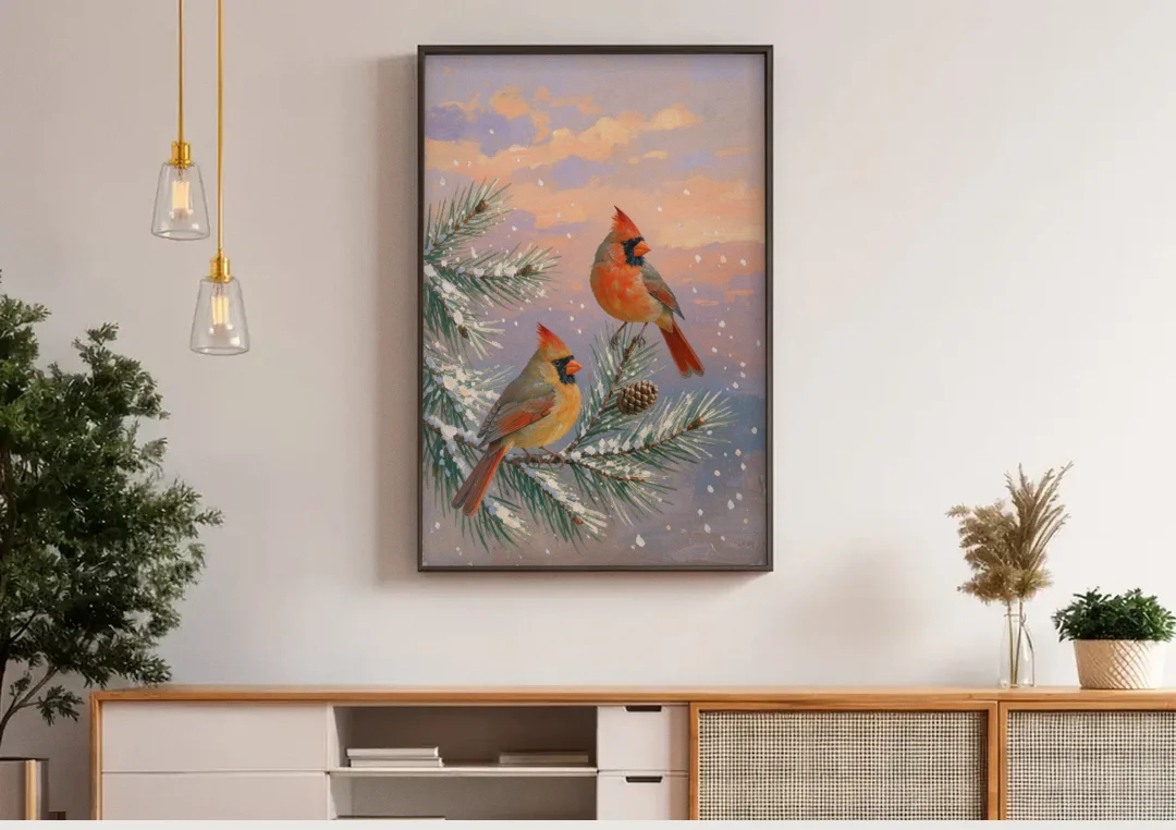 Christmas Cardinal Pair with Pine Cone at Dusk canvas wall art above a wooden sideboard under pendant lights