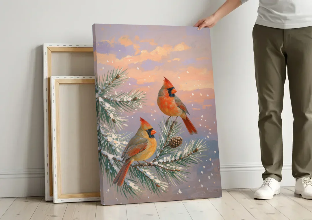 Christmas Cardinal Pair with Pine Cone at Dusk canvas wall art leaning against a wall next to blank canvases