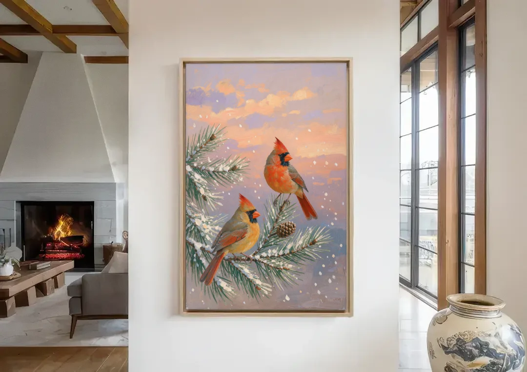 Christmas Cardinal Pair with Pine Cone at Dusk canvas wall art in a living room with a fireplace
