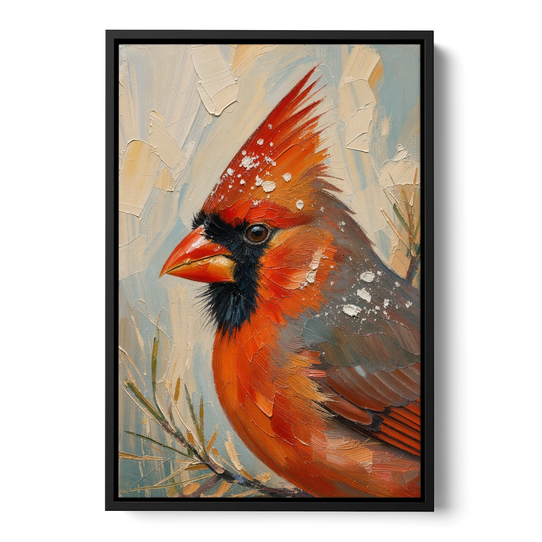 Cardinal Profile with Snow-Dusted Crest - Black Framed Canvas Wall Art - Front