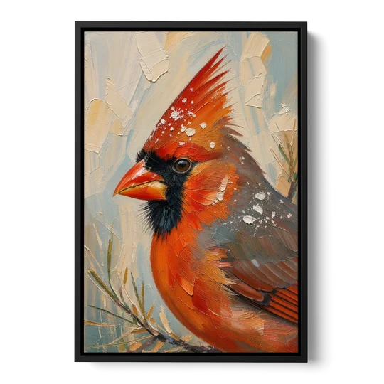 Cardinal Profile with Snow-Dusted Crest - Black Framed Canvas Wall Art - Front