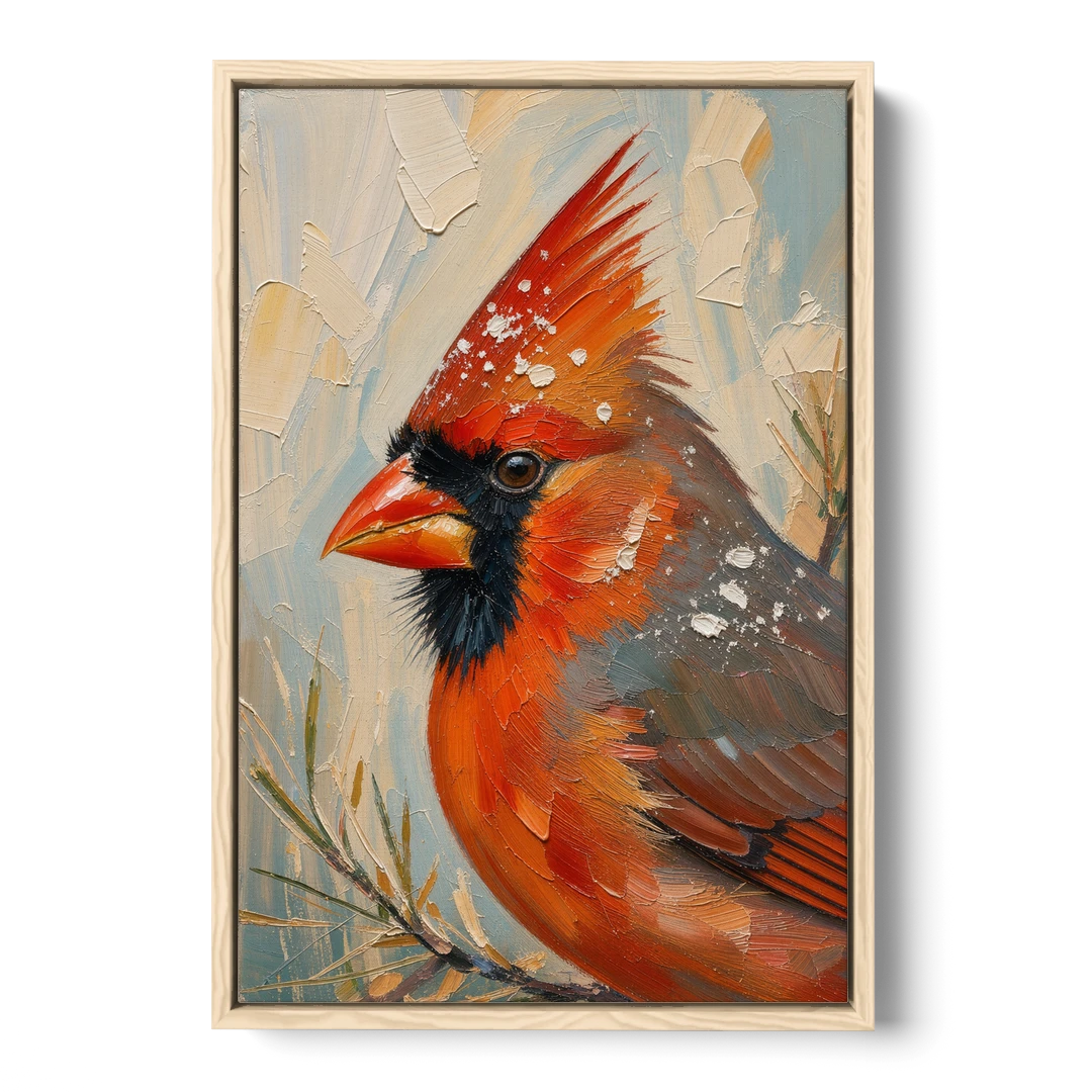 Cardinal Profile with Snow-Dusted Crest - Oak Framed Canvas Wall Art - Front