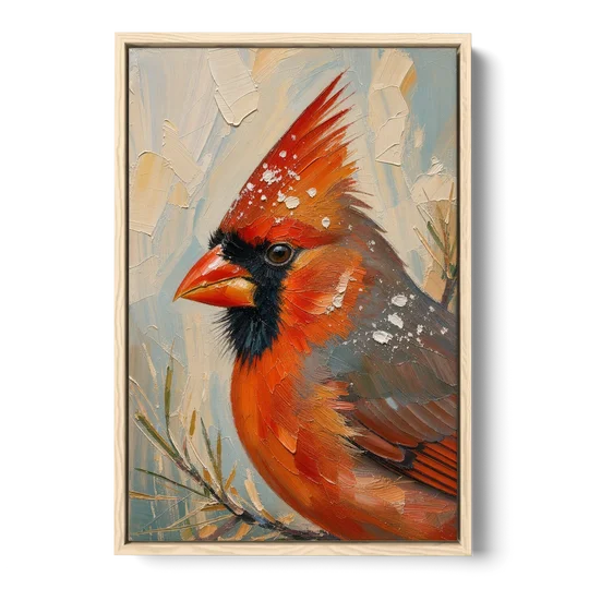 Cardinal Profile with Snow-Dusted Crest - Oak Framed Canvas Wall Art - Front
