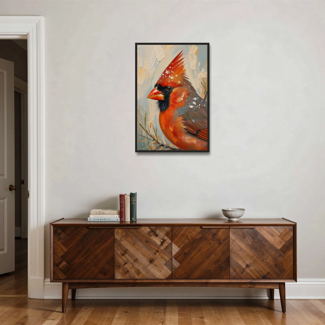 Cardinal Profile with Snow-Dusted Crest - Black Framed Canvas Wall Art - Coffee Table - 24x36