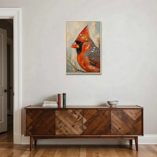 Cardinal Profile with Snow-Dusted Crest - Oak Framed Canvas Wall Art - Coffee Table - 24x36