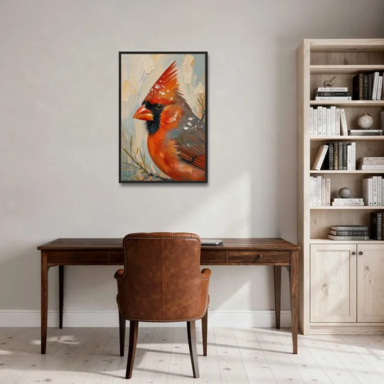 Cardinal Profile with Snow-Dusted Crest - Black Framed Canvas Wall Art - Office - 24x36