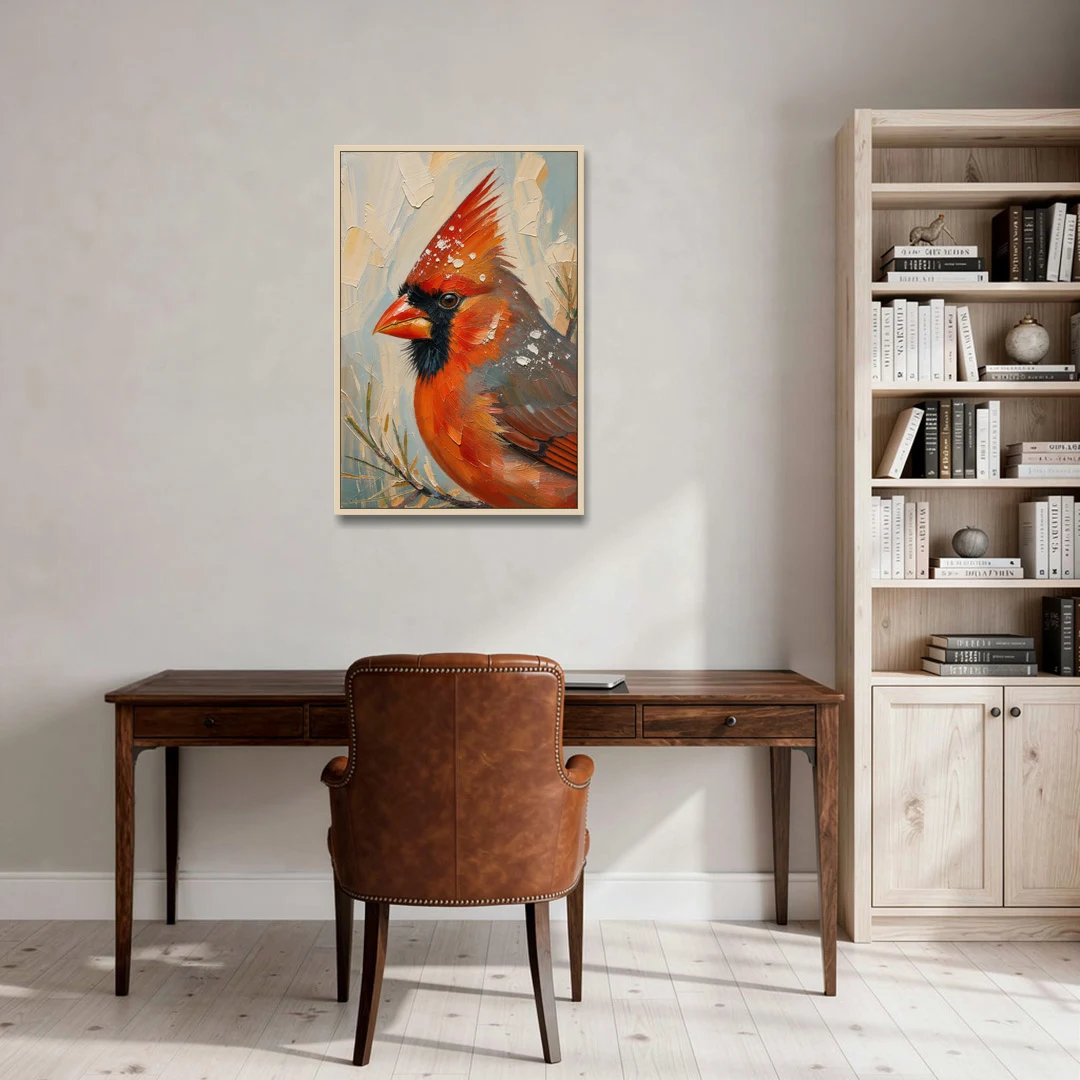 Cardinal Profile with Snow-Dusted Crest - Oak Framed Canvas Wall Art - Office - 24x36