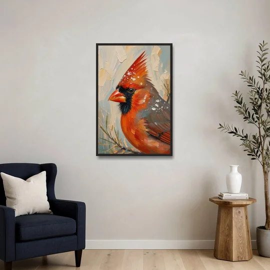 Cardinal Profile with Snow-Dusted Crest - Black Framed Canvas Wall Art - Sofa - 24x36