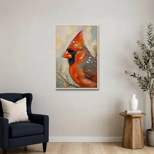 Cardinal Profile with Snow-Dusted Crest - Oak Framed Canvas Wall Art - Sofa - 24x36