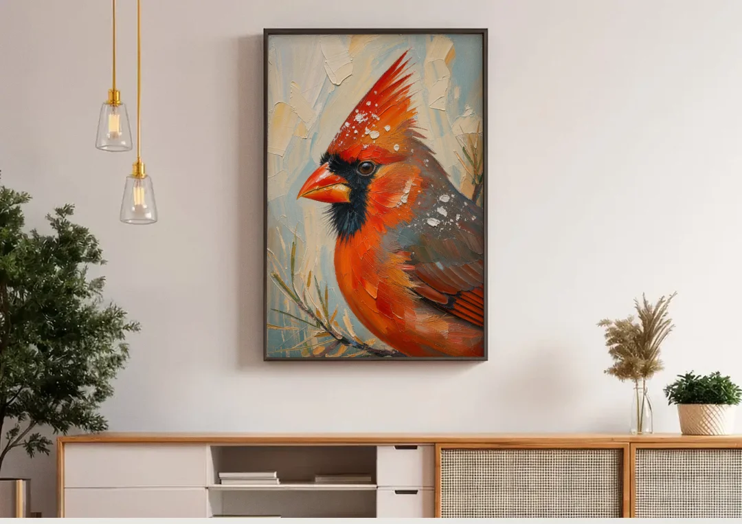 Cardinal Profile with Snow-Dusted Crest canvas wall art above a wooden sideboard under pendant lights