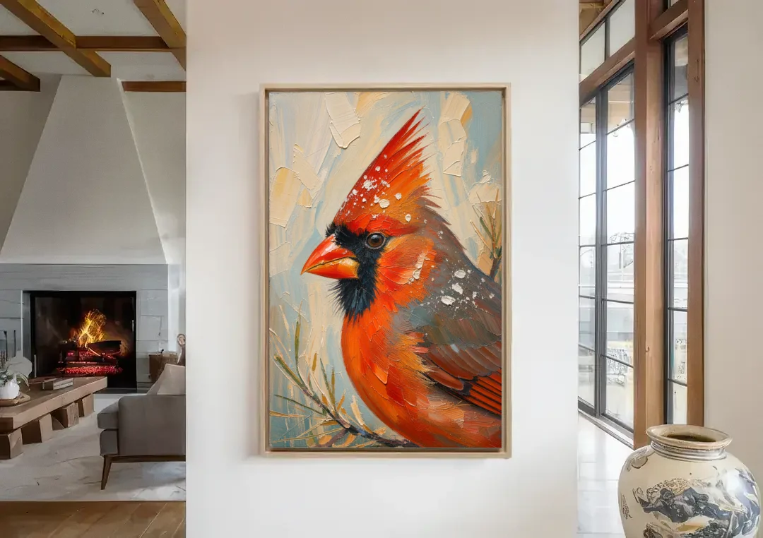 Cardinal Profile with Snow-Dusted Crest canvas wall art in a living room with a fireplace