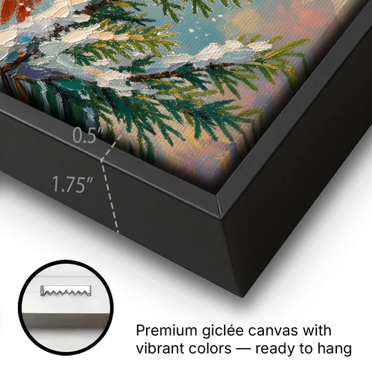 Cardinal Taking Flight from Snowy Hemlock - Black Framed Canvas Wall Art - Gallery Wrap Corner
