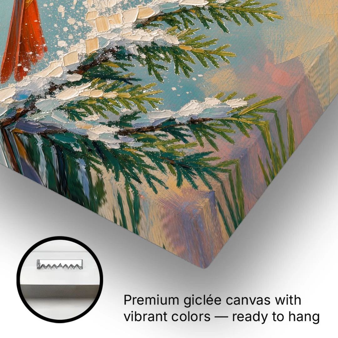 Cardinal Taking Flight from Snowy Hemlock - Canvas Wall Art - Gallery Wrap Corner