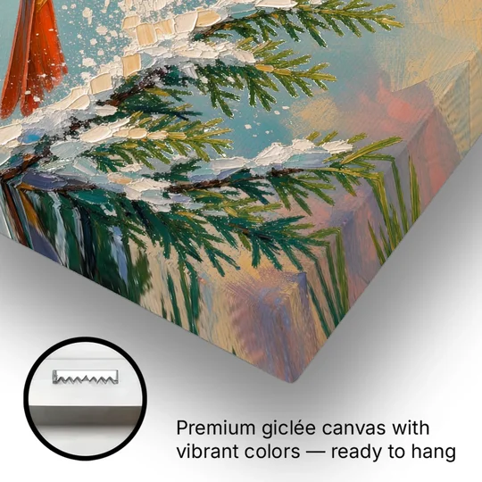Cardinal Taking Flight from Snowy Hemlock - Canvas Wall Art - Gallery Wrap Corner