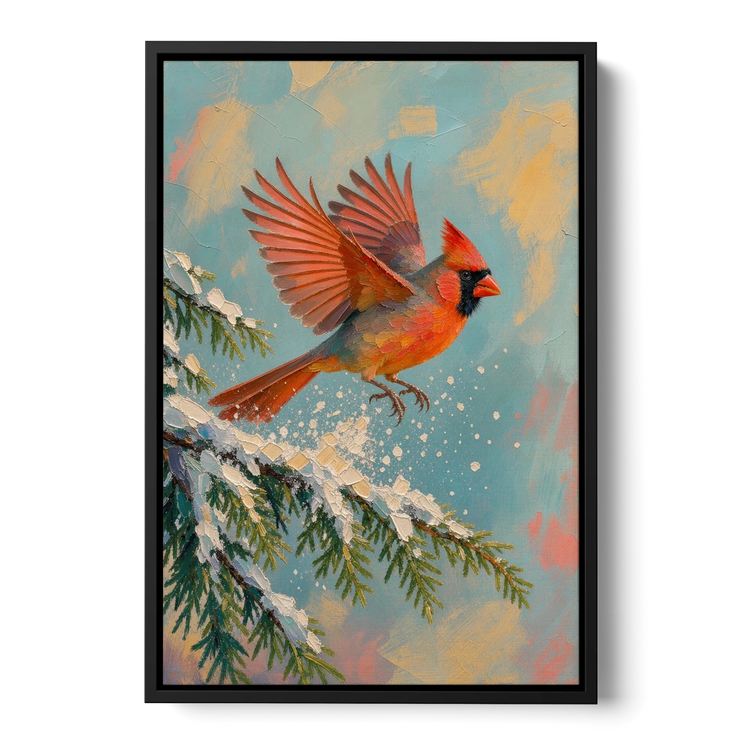 Cardinal Taking Flight from Snowy Hemlock - Black Framed Canvas Wall Art - Front