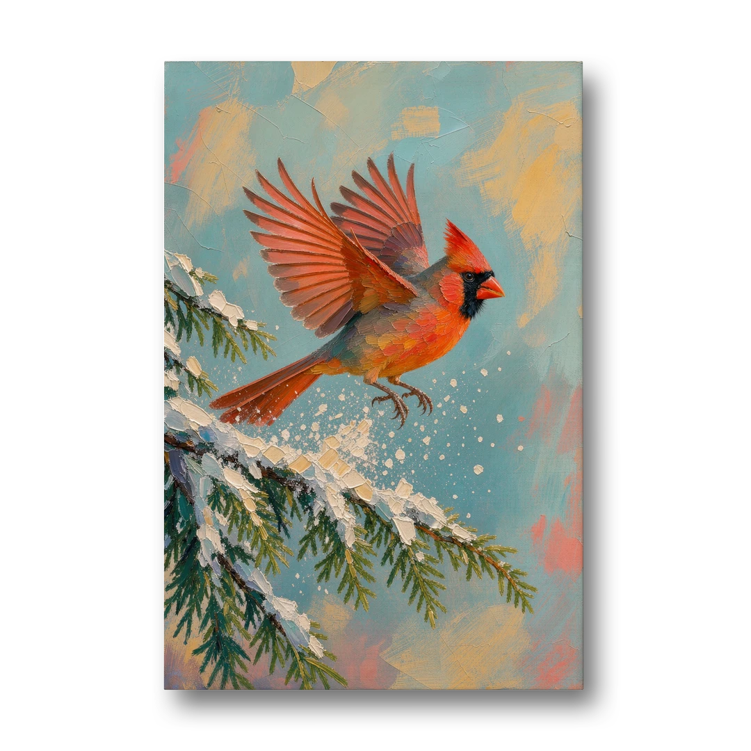 Cardinal Taking Flight from Snowy Hemlock - Canvas Wall Art - Front