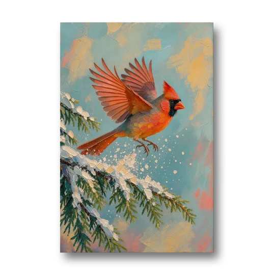 Cardinal Taking Flight from Snowy Hemlock - Canvas Wall Art - Front