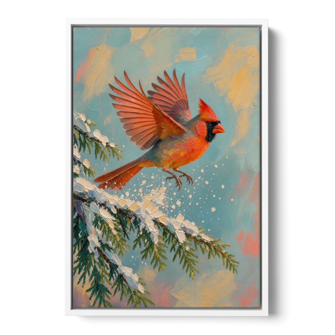 Cardinal Taking Flight from Snowy Hemlock - White Framed Canvas Wall Art - Front