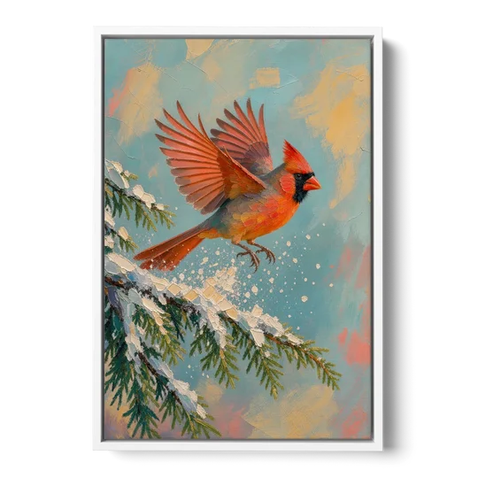 Cardinal Taking Flight from Snowy Hemlock - White Framed Canvas Wall Art - Front