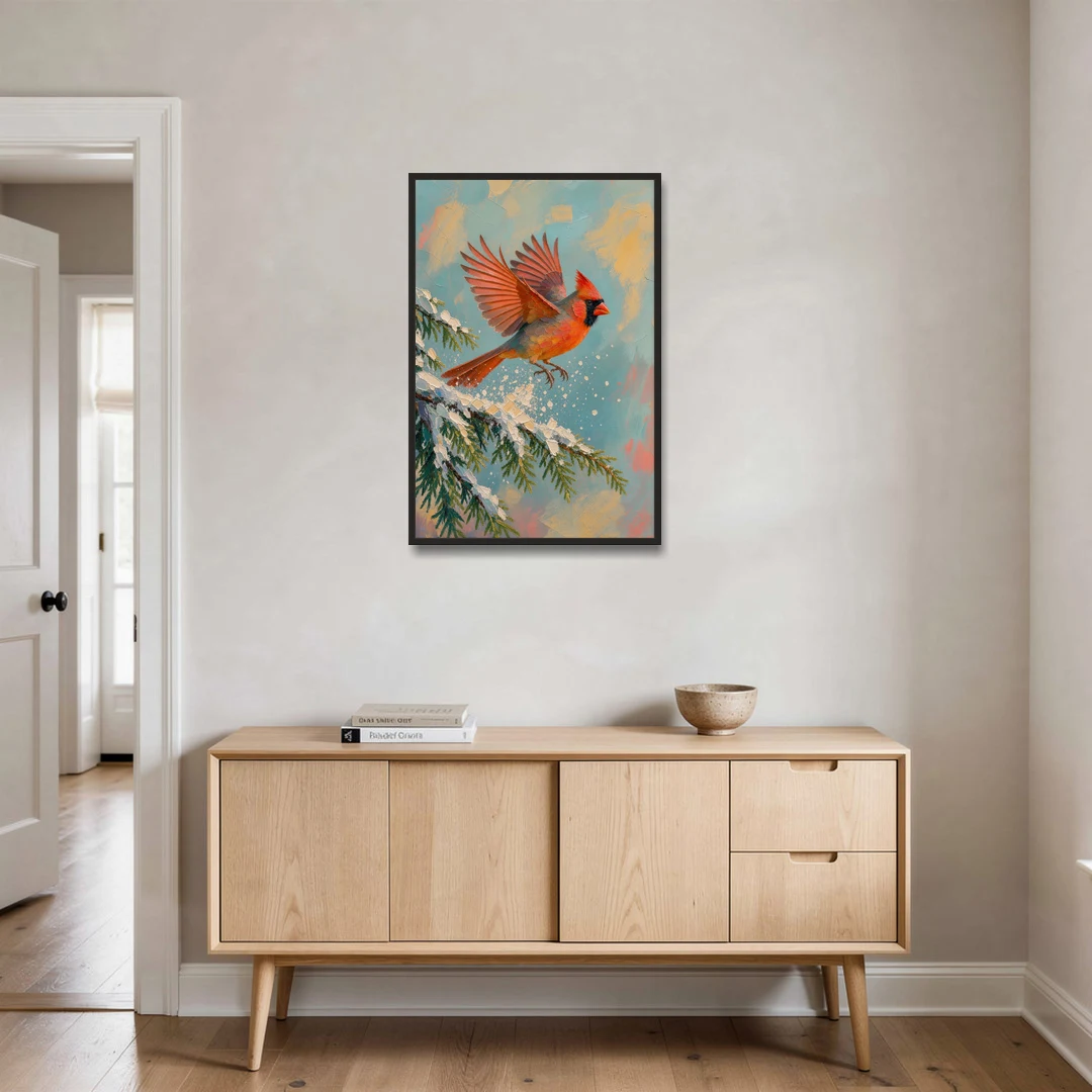 Cardinal Taking Flight from Snowy Hemlock - Black Framed Canvas Wall Art - Coffee Table - 24x36