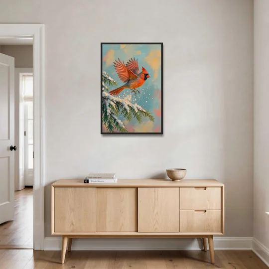 Cardinal Taking Flight from Snowy Hemlock - Black Framed Canvas Wall Art - Coffee Table - 24x36