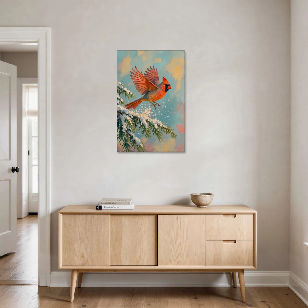 Cardinal Taking Flight from Snowy Hemlock - Canvas Wall Art - Coffee Table - 24x36