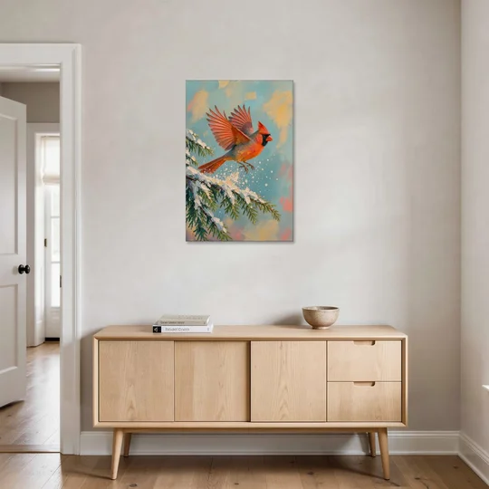 Cardinal Taking Flight from Snowy Hemlock - Canvas Wall Art - Coffee Table - 24x36