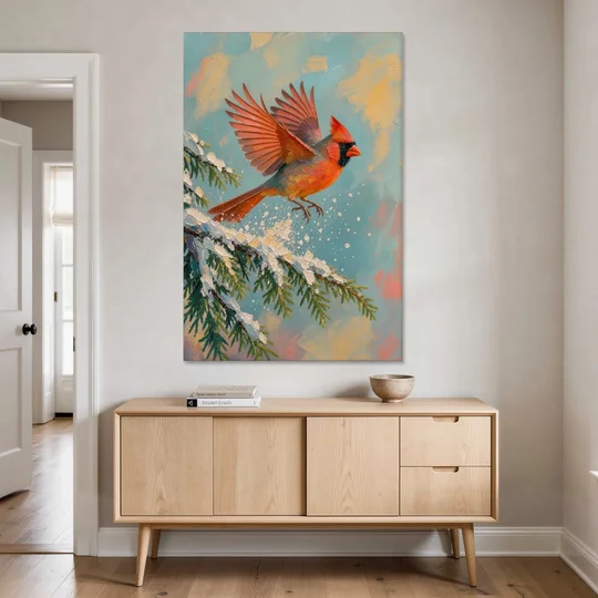 Cardinal Taking Flight from Snowy Hemlock - Canvas Wall Art - Coffee Table - 40x60
