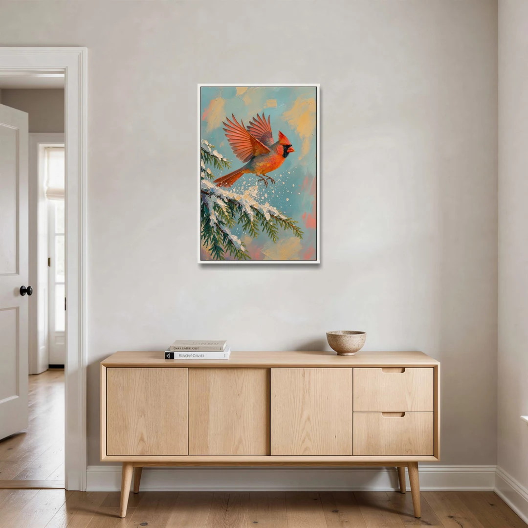 Cardinal Taking Flight from Snowy Hemlock - White Framed Canvas Wall Art - Coffee Table - 24x36