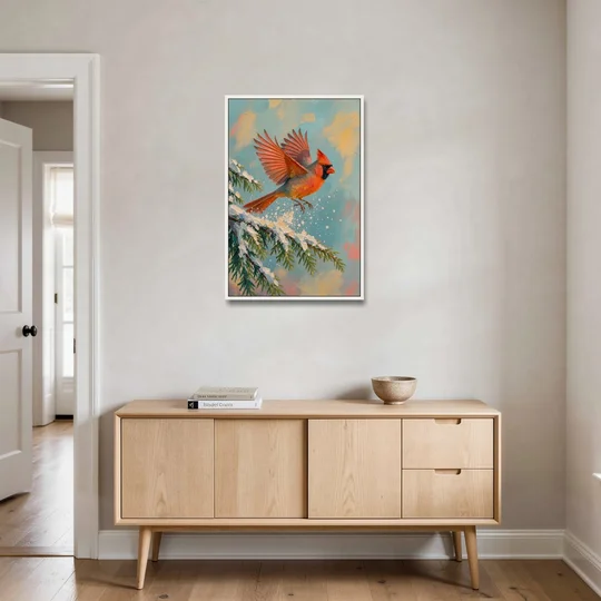 Cardinal Taking Flight from Snowy Hemlock - White Framed Canvas Wall Art - Coffee Table - 24x36