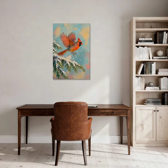 Cardinal Taking Flight from Snowy Hemlock - Canvas Wall Art - Office - 24x36
