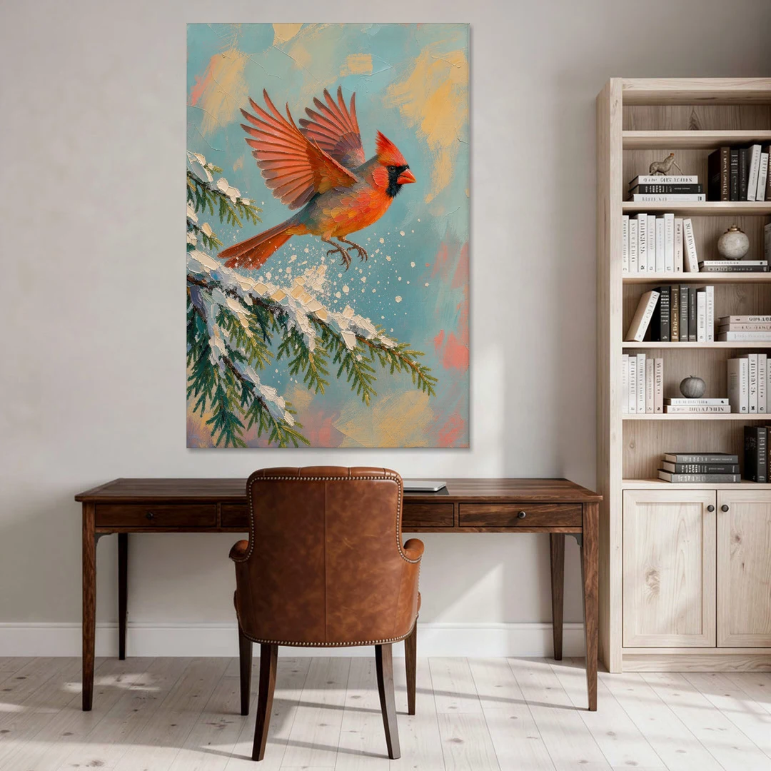Cardinal Taking Flight from Snowy Hemlock - Canvas Wall Art - Office - 40x60