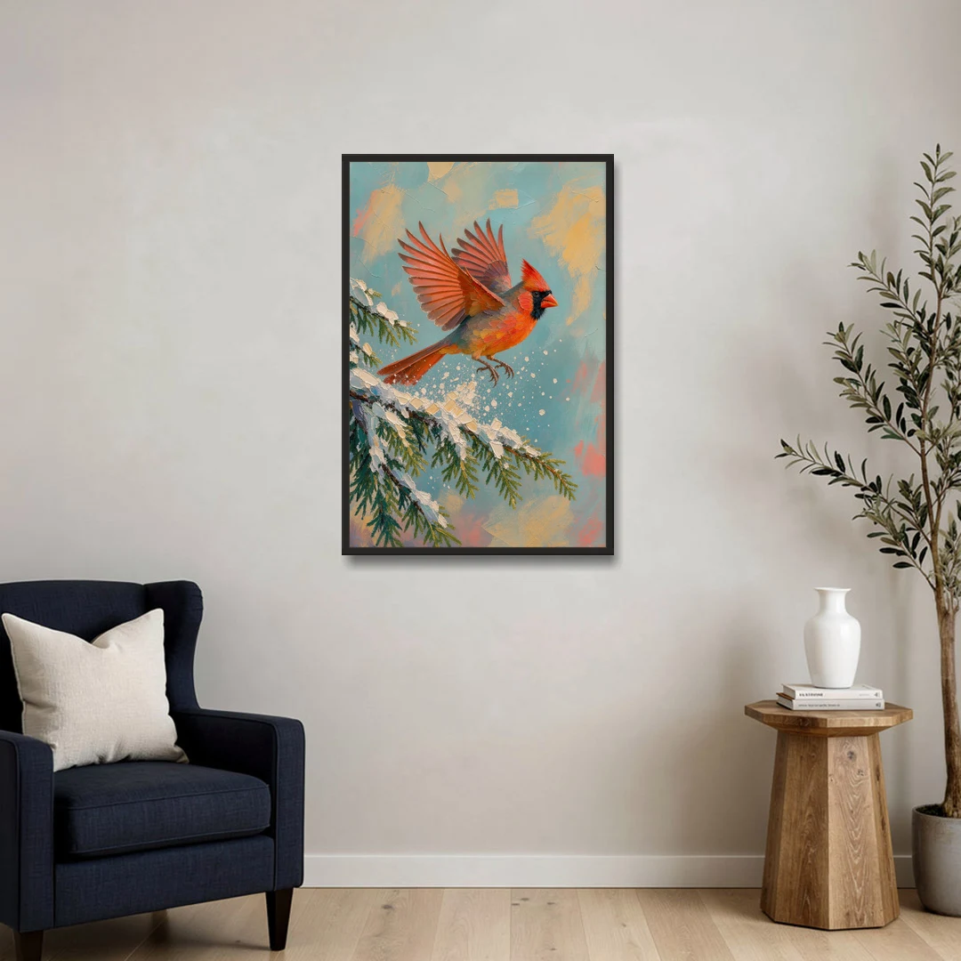 Cardinal Taking Flight from Snowy Hemlock - Black Framed Canvas Wall Art - Sofa - 24x36