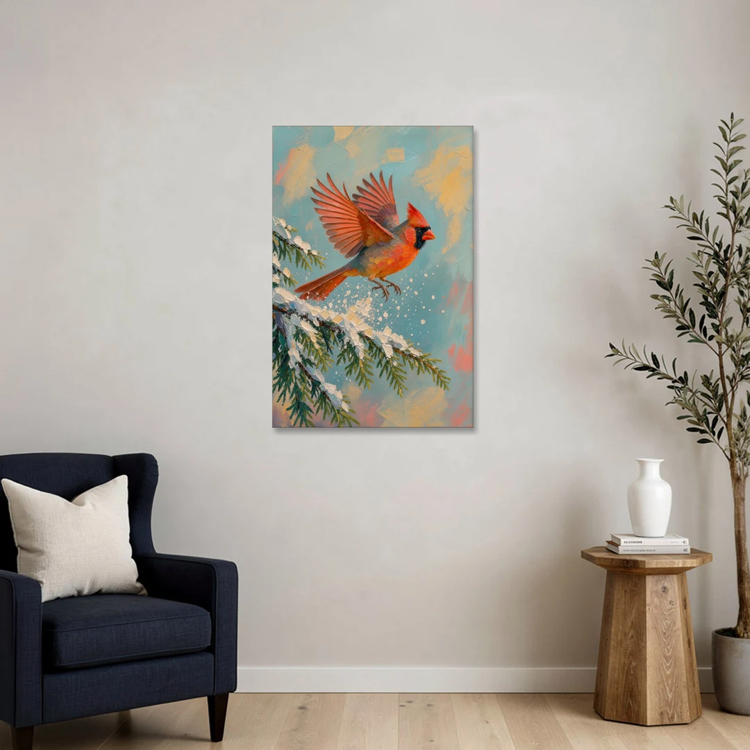 Cardinal Taking Flight from Snowy Hemlock - Canvas Wall Art - Sofa - 24x36
