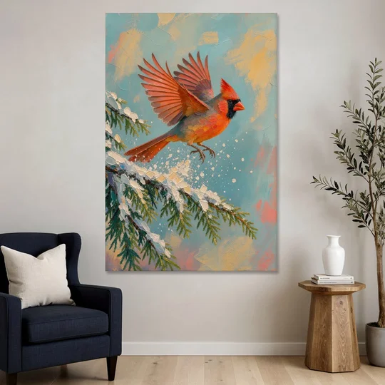 Cardinal Taking Flight from Snowy Hemlock - Canvas Wall Art - Sofa - 40x60