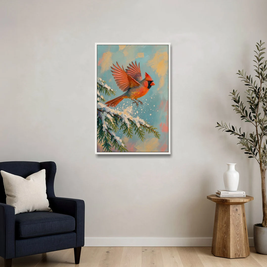 Cardinal Taking Flight from Snowy Hemlock - White Framed Canvas Wall Art - Sofa - 24x36