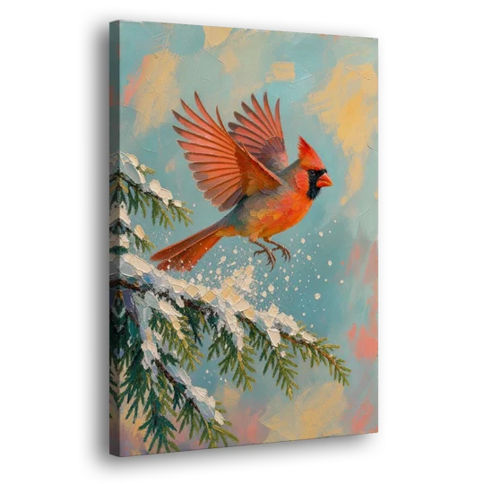 Cardinal Taking Flight from Snowy Hemlock - Canvas Wall Art - Side