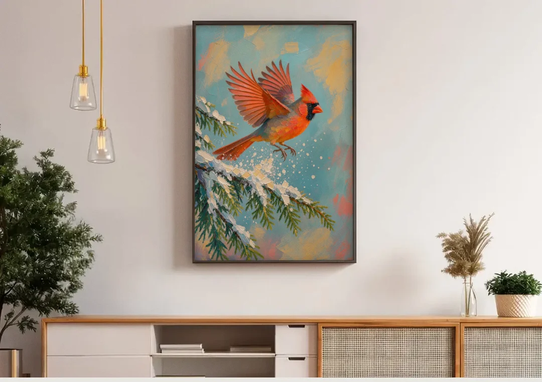 Cardinal Taking Flight from Snowy Hemlock canvas wall art above a wooden sideboard under pendant lights